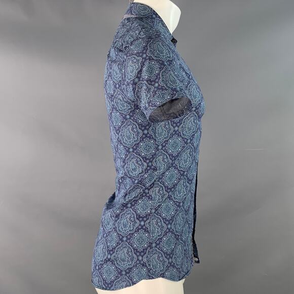 TED BAKER XS Bcrumbs Navy Green Paisley Cotton Spread Collar Short Sleeve Shirt - Picture 3 of 6